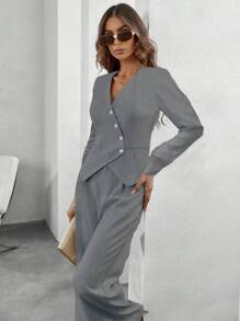 SHEIN Clasi 女式纯色 V 领纽扣装饰修身西装外套和阔腿裤两件套西装 - 淺灰色 - 查看 3