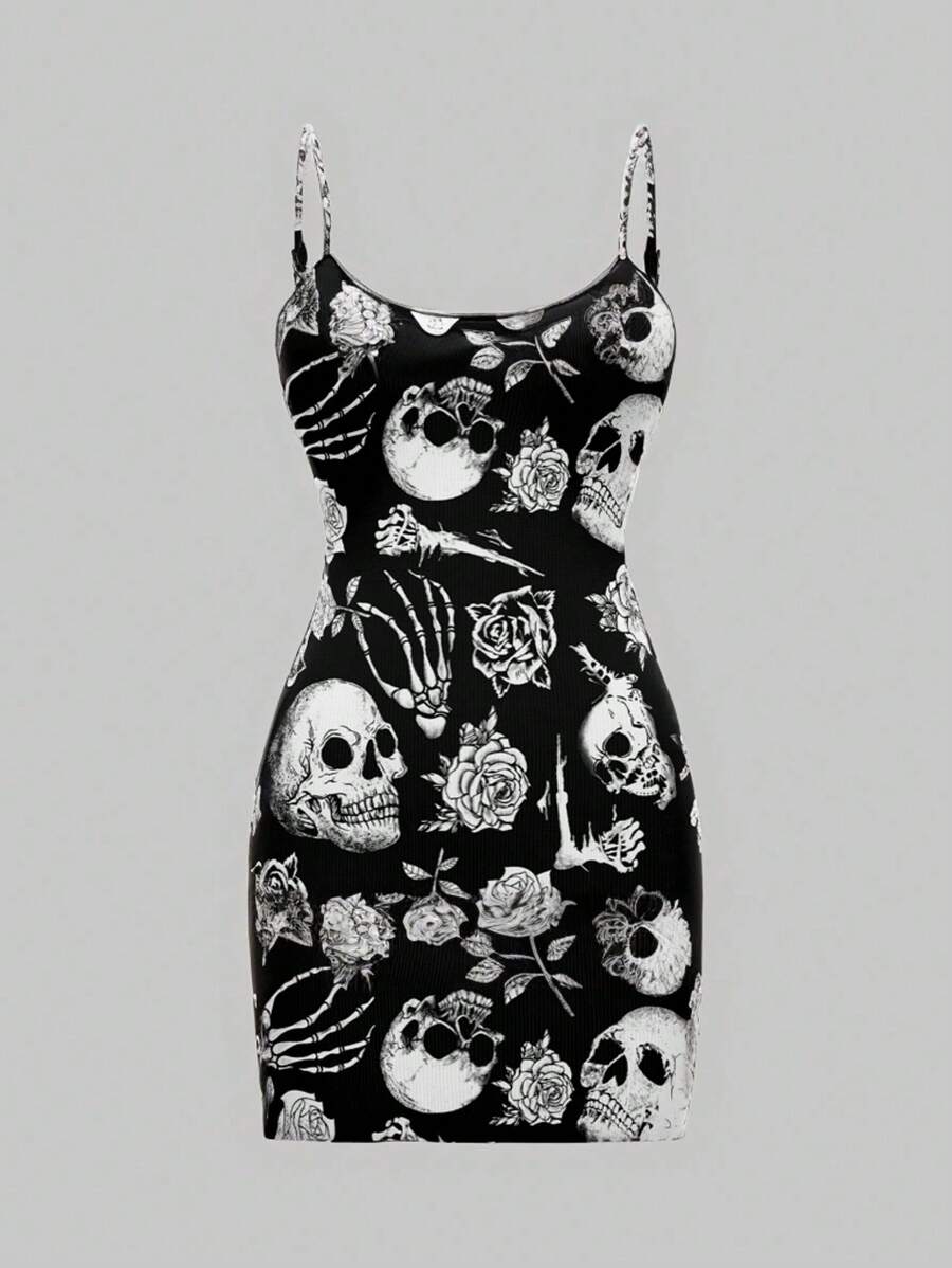 SHEIN SXY 万圣节 Y2K 服装骷髅图案女式夏季性感吊带迷你裙
