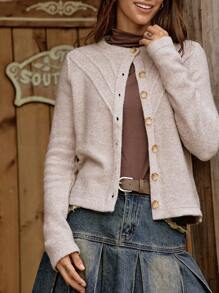 LanaWest Women's Solid Color Front Button Casual Knit Cardigan - Khaki - View 6