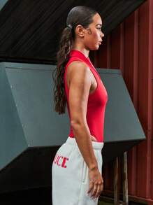 SUMWON WOMEN Zip Through High Neck High Leg Bodysuit - Red - View 3
