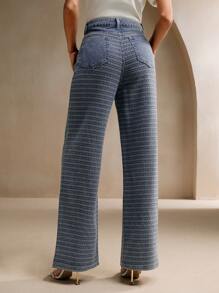 Anewsta Women's Casual Pocketed Jacquard Wide Leg Relaxed Fit Denim Pants - Blue - View 7