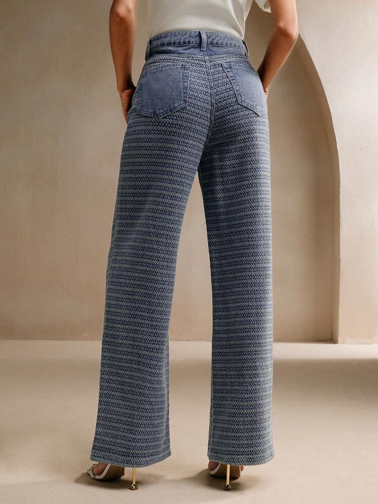 Anewsta Calça Denim Casual de Perna Larga com Bolsos e Ajuste Relaxado Jacquard para Mulheres - Azul - Visão 7
