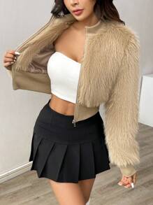 Flirla Women's Solid Color Wide Hem Zip-Up Fluffy Jacket, Autumn/Winter Fall Cloth For Women - Khaki - View 6