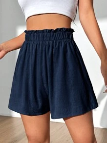 Flirla Solid Color Paper-Bag Waist Casual Summer Shorts - Navy Blue - View 3