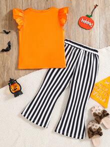 Set de 2 piezas con top de manga corta y pantalones a rayas con diseño de calabaza naranja de Halloween para niñas jóvenes - Naranja - Ver 2
