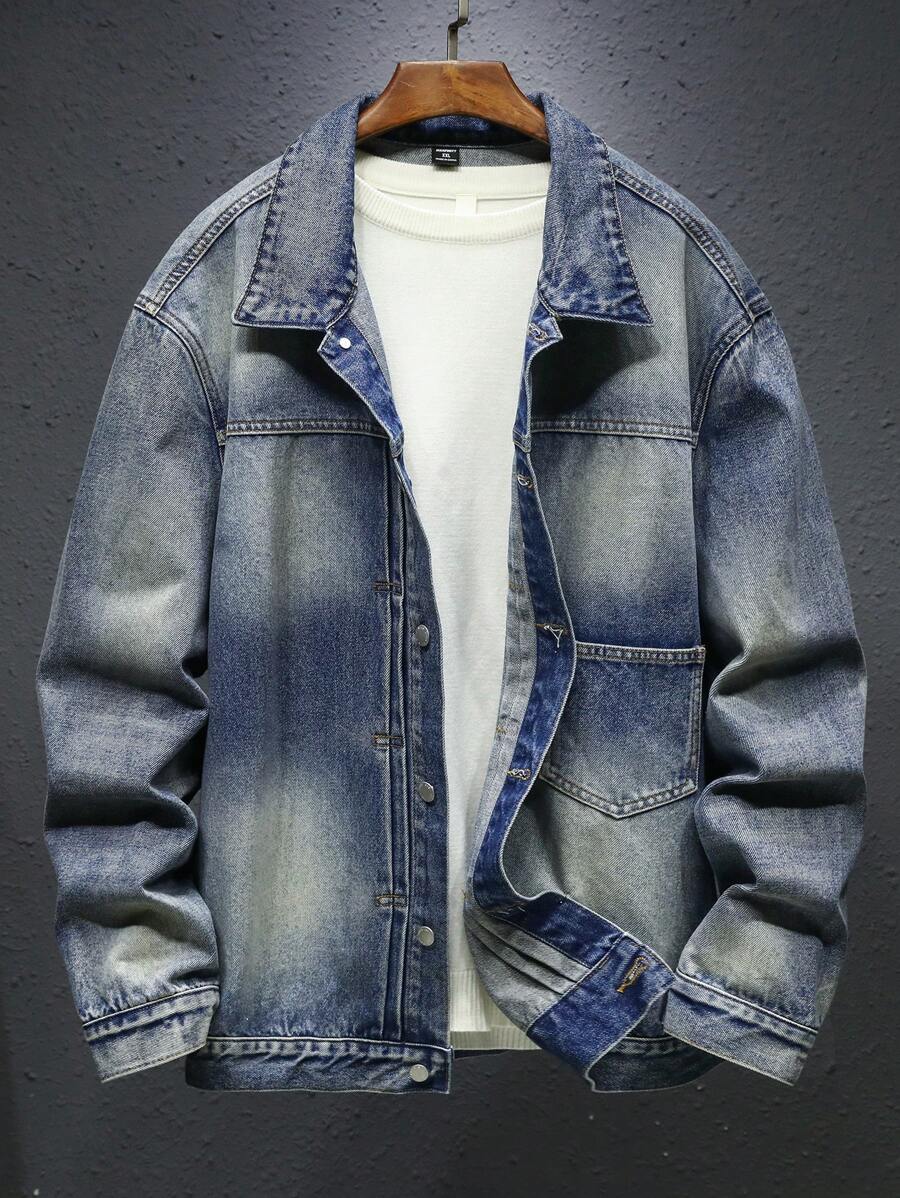 Manfinity Homme Chaqueta de mezclilla de trabajo llana con lavado vintage en azul oscuro para hombres de talla grande - Azul lavado oscuro - Ver 1