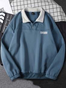 Manfinity Homme 男士休闲字母印花半拉链撞色领套头衫，春秋季拉链外出长袖图形拼色学院风卫衣，适合朋友、丈夫、男朋友的礼物