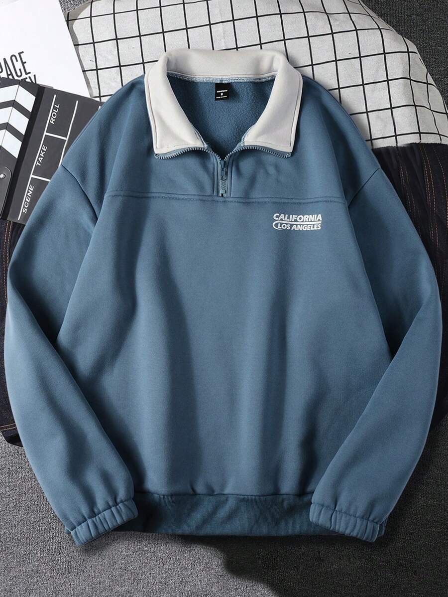 Manfinity Homme 男士休闲字母印花半拉链撞色领套头衫，春秋季拉链外出长袖图形拼色学院风卫衣，适合朋友、丈夫、男朋友的礼物