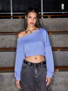 SHEIN Sports Women Solid Color Asymmetric Collar Long Sleeve Everyday Fitness Cropped Sweatshirtwinter Women Tops,Women's Fall & Winter Outdoor T-Shirt - Blue - View 7