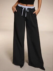 SHEIN BAE 女士黑色纯色日常外出/演唱会服装/狂欢派对服装/时尚高街/简约编织斜纹低腰松紧抽绳双腰撞色阔腿超长裤/秋季女裤/长裤/宽松女裤 - 黑色 - 查看 1