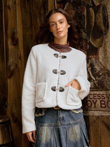 LanaWest Women's Casual Metal Buckle Long Sleeve Pocket Jacket, Autumn & Winter Fall Cloth For Women - White - View 3