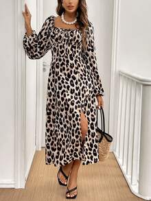 SHEIN Frenchy Đầm xòe tay đèn lồng cổ vuông họa tiết da báo thanh lịch cho nữ, mùa thu - Nhiều màu - Xem 5