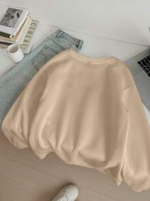 Attitoon Sudadera holgada de cuello redondo gruesa con estampado de leopardo y gráfico "NEW YORK" para mujeres, informal y sencilla, manga larga, para otoño/invierno - Albaricoque - Ver 2