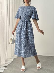 Breezaya 蓝色浪漫度假连衣裙，V 领荷叶边短袖碎花束腰休闲中长连衣裙长款女装 - 藍色 - 查看 5