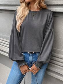 SHEIN LUNE Women's Casual Home T-Shirt With Ruff Led Lantern Sleeves, Apricot Color Round Neck, For Winter New Years - Grey - View 6