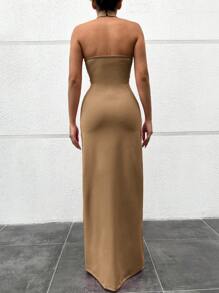 RueChic 女士實色無袖修身連衣裙,腰線設計 - 米色 - 查看 2