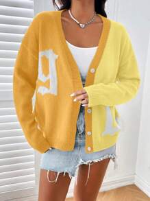 Chiquease Áo len cardigan họa tiết chữ màu đơn giản, thu/đông - Màu vàng - Xem 3