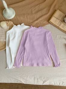 SHEIN Leap Crew Young Girl Cheapest Buy 1 Get 1 Free 2 Pieces/Set Casual Basic All-Match Wave Trim Stand Collar Long Sleeve Solid Color Top 2pcs/Set,Autumn And Winter,Great For Casual & Daily Wear & School Daily,College Style, Back-To-School,Party Fall (10),Winter (5),White