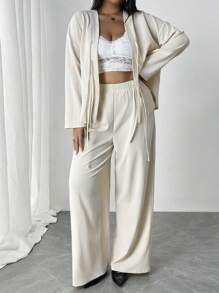 Firerie Bộ 2 món đồ thời trang công sở thanh lịch cỡ lớn sang trọng tinh tế cao cấp tiệc trà chiều gợi cảm hẹn hò hòa nhạc tiệc dành cho phụ nữ đơn giản giản dị kỳ nghỉ thời trang áo sơ mi rộng buộc nơ phía trước và quần ống rộng cạp cao co giãn - Màu be - Xem 6