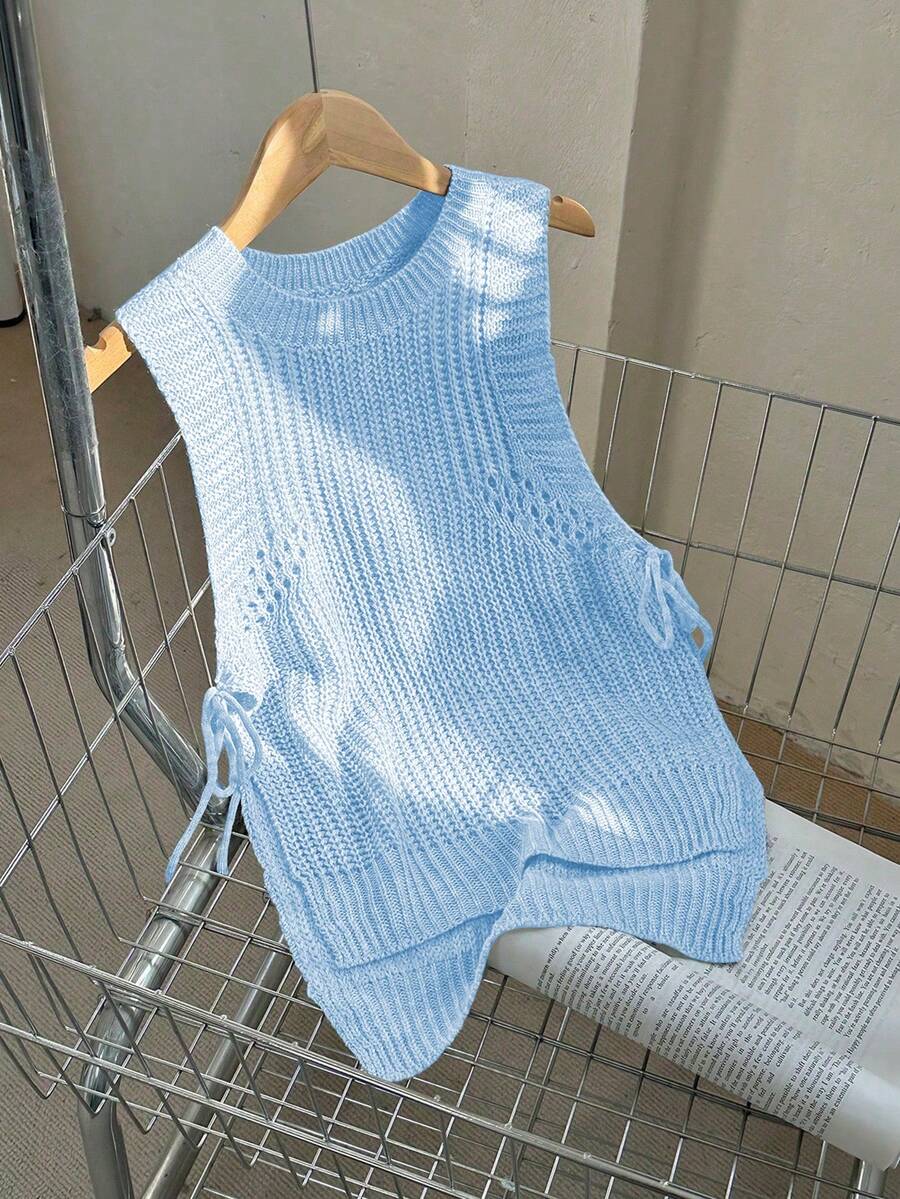SHEIN Unity Women Solid Color Round Neck Side Tie Casual Loose Sweater Vest, For Autumn