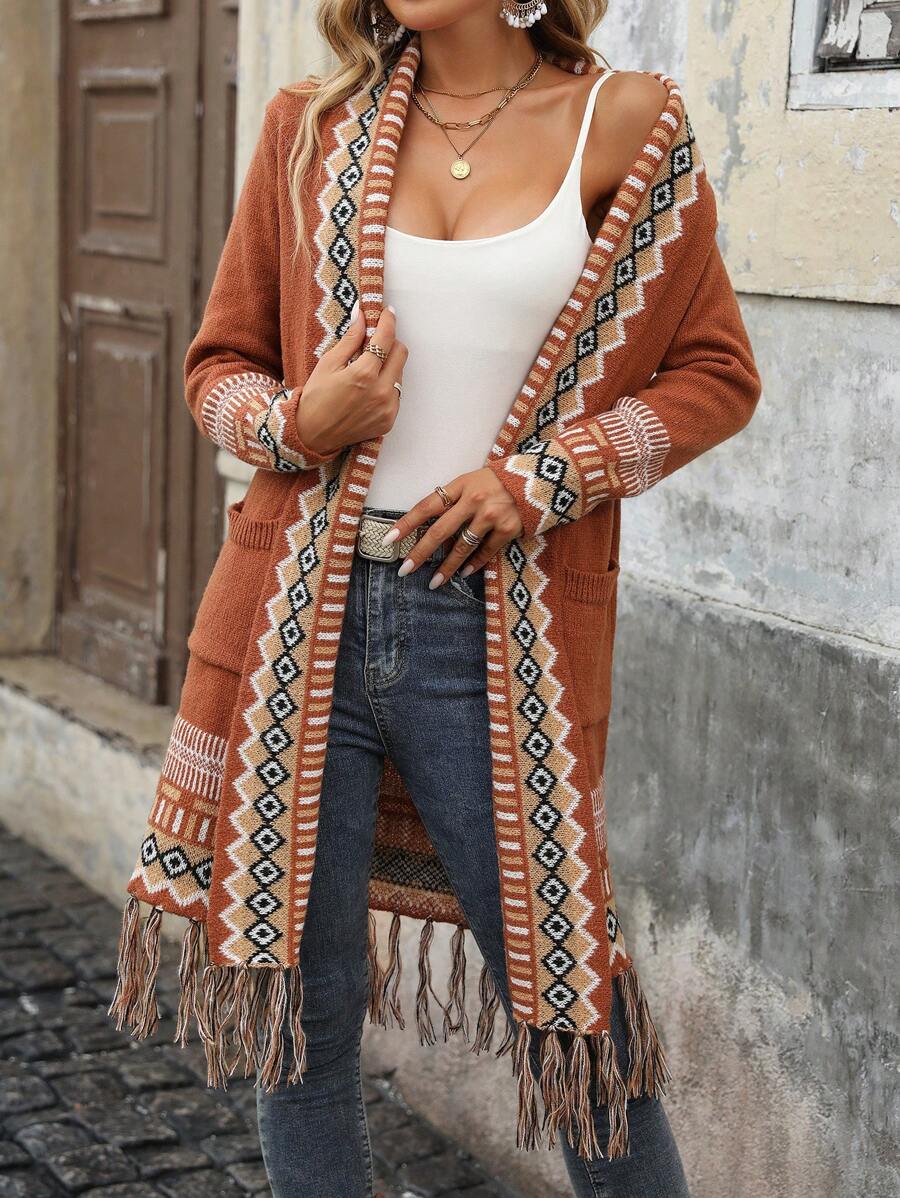 EMERY ROSE Women's Casual Geometric Pattern Tassel Hem Cardigan,Long Sleeve Tops Fall Winter Cloth For Women - Multicolor - View 1