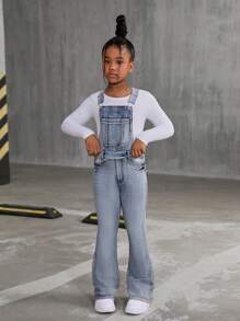 Peto vaquero de pierna acampanada con lavado vintage y tirantes ajustables estilo Y2K para niñas preadolescentes - Azul lavado oscuro - Ver 3