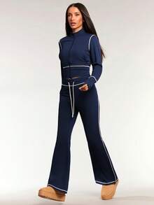 Forever 21 2-Tone Drawstring Waist Flare Leg Pants - Royal Blue - View 4