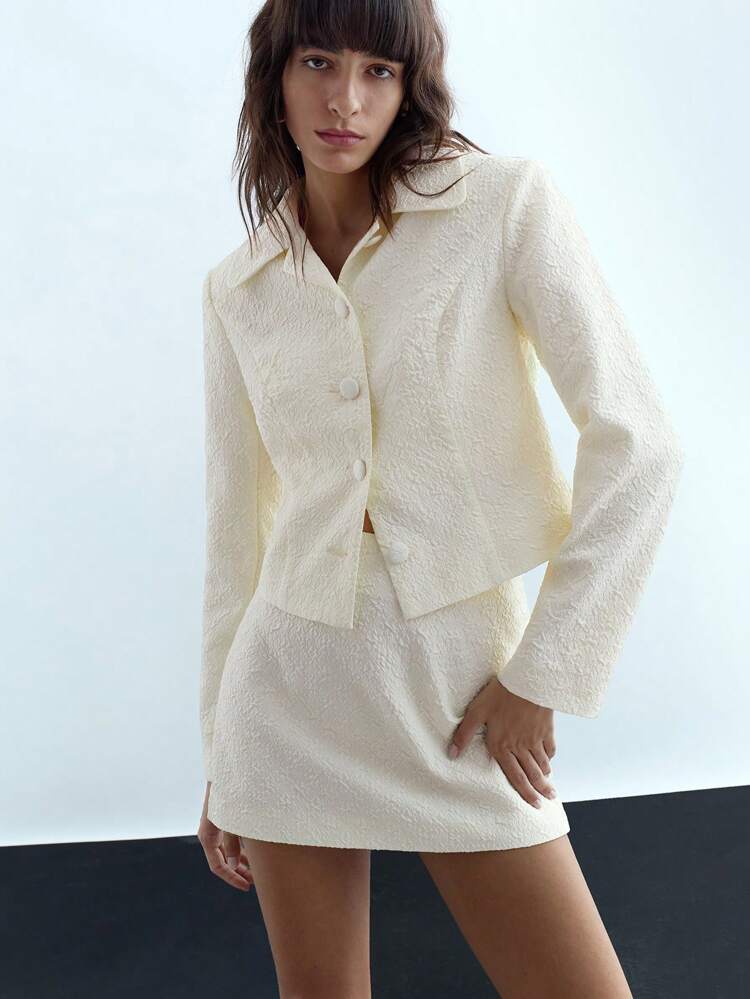 SHEIN Maija 2pcs Women's Elegant White Solid Color Button Placket Long Sleeve Top And Skirt Set, Autumn