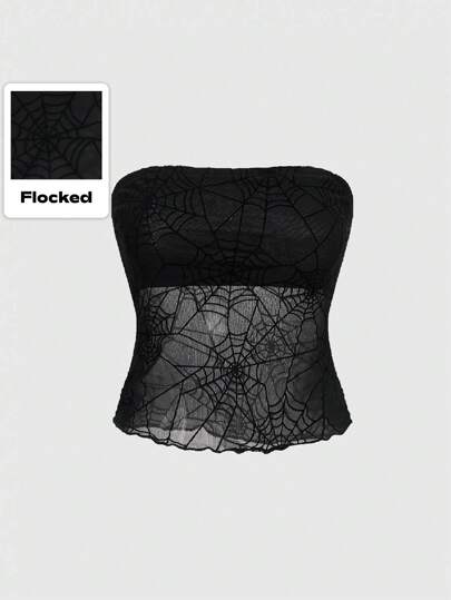 Goth Women's Semi-Sheer Spider Web Mesh Strapless Top