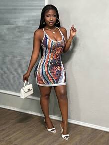 Slaydiva 休闲夏日海滩 V 领紧身印花迷你吊带裙 - 彩色 - 查看 4