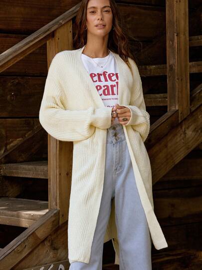  Cárdigan largo de mujer LanaWest de unicolor, manga larga, hombros caídos, informal y holgado para otoño e invierno