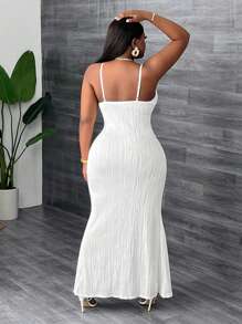 Slaydiva Robe longue moulante blanche à bretelles fines et décolleté plongeant avec dentelle florale, élégante et sexy, pour femme grande taille - Blanc - Voir 2