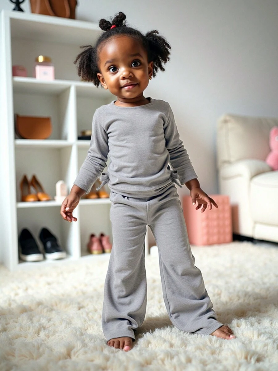 SHEIN 2 件套女婴街头装简约休闲柔软针织圆领长袖上衣和荷叶边腰阔腿裤套装，适合外出、休闲和运动 - 淺灰色 - 查看 1