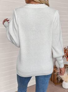 SHEIN LUNE 女士纯色 V 领灯笼袖休闲毛衣