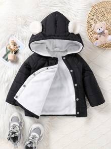 SHEIN Áo khoác lông cừu trùm đầu cho bé trai mùa thu đông 2024 mới thoải mái ấm áp dễ thương đơn giản - màu đen - Xem 4