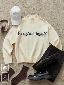 Claim Dot 男士圆领长袖字母图案休闲上衣 - 黑與白 - 查看 1