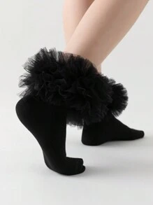 ROMWE Kawaii Women Mesh Contrast Ruffle Hem Knee High Socks