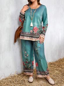 2pcs Plus Size Women Holiday Floral Print Loose Blouse And Wide-Leg Pants Set
