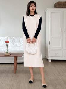 DAZY Women's Long Solid Color Elegant Sleeveless Collared Sweater Dress,Fall Clothes - Apricot - View 4