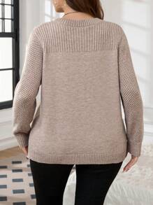 SHEIN LUNE Plus Size Women's Solid Color Crew Neck Long Sleeve Casual Pullover Sweater For Fall/Winter Knit Pullover Autumn - Khaki - View 2