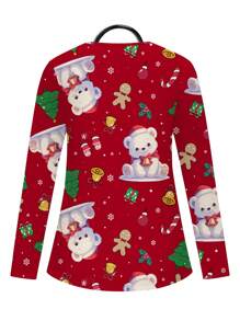 PopScrub Christmas Cartoon Santa Hat, Bear, Christmas Tree, Snowflake, Bells Uniform Scrub Top, Women Cartoon Themed Nursing Uniform Scrub Top, Christmas - White - View 2