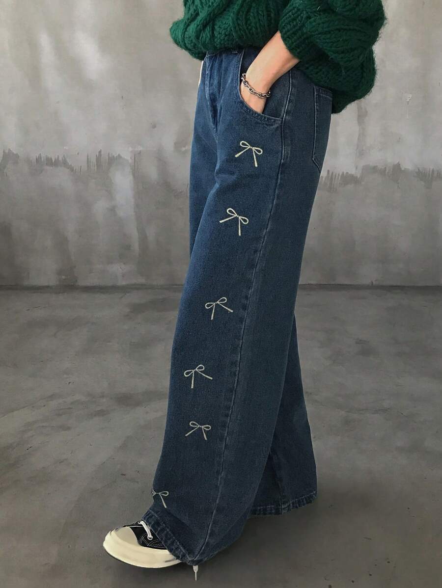 FRIFUL Quần Jeans Nữ Đơn Giản Thường Ngày Có Túi Trang Trí Nơ - Màu xanh lam - Xem 1