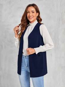EMERY ROSE Chaqueta ligera sin mangas de unicolor casual para mujer en otoño/invierno - Azul Marino - Ver 4