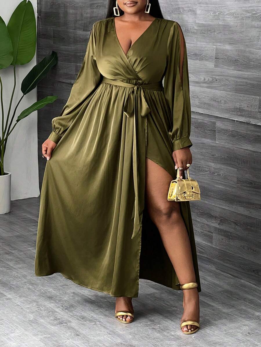 Slaydiva Robe élégante et sexy à col en V, nœud à la taille, fente ...