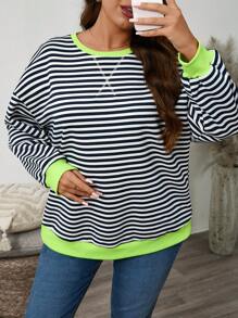 SHEIN LUNE Neon Green Contrast Stripe Comfortable Sporty Casual Sweatshirt Top, Made Of  Fabric, Plus Size Winter Fall Autumn - Multicolor - View 1