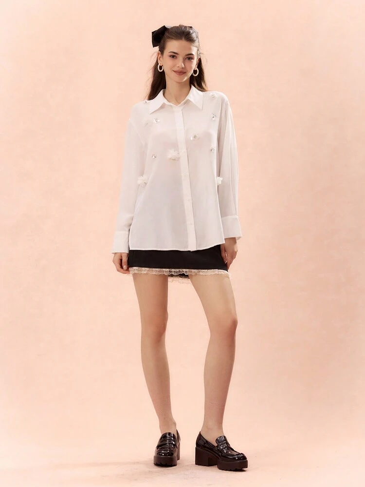 Women's 3D Handmade Three-Dimensional Flower, Chiffon, Diamond Jewelry, Long-Sleeved Loose Shirt,Fall Women Clothes,Winter Women Clothes