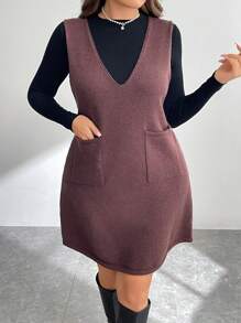 SHEIN Essnce Plus Size Simple Patchwork Casual Short Dress Winter Fall Autumn - Coffee Brown - View 1