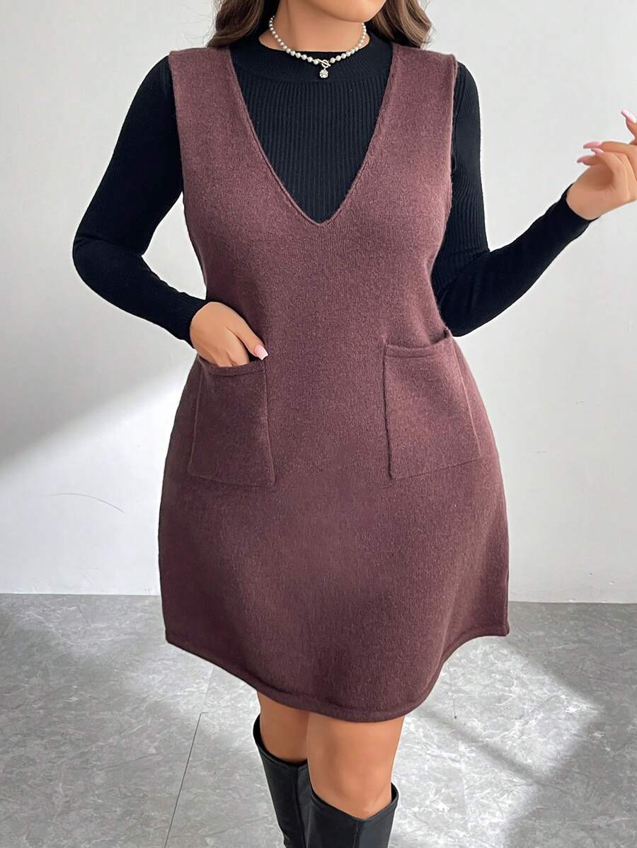 SHEIN Essnce Plus Size Simple Patchwork Casual Short Dress Winter Fall Autumn - Coffee Brown - View 1