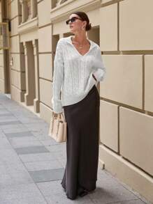 EURMUSE Luźny, dzianinowy sweter midi z okrągłym dekoltem dla kobiet - Biały - Zobacz 5