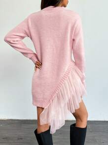 Chiquease Autumn Women Casual Crew Neck Ruffled Trim Net Yarn Mid-Length Sweater, Knit Pullover Fall Winter - Pink - View 2